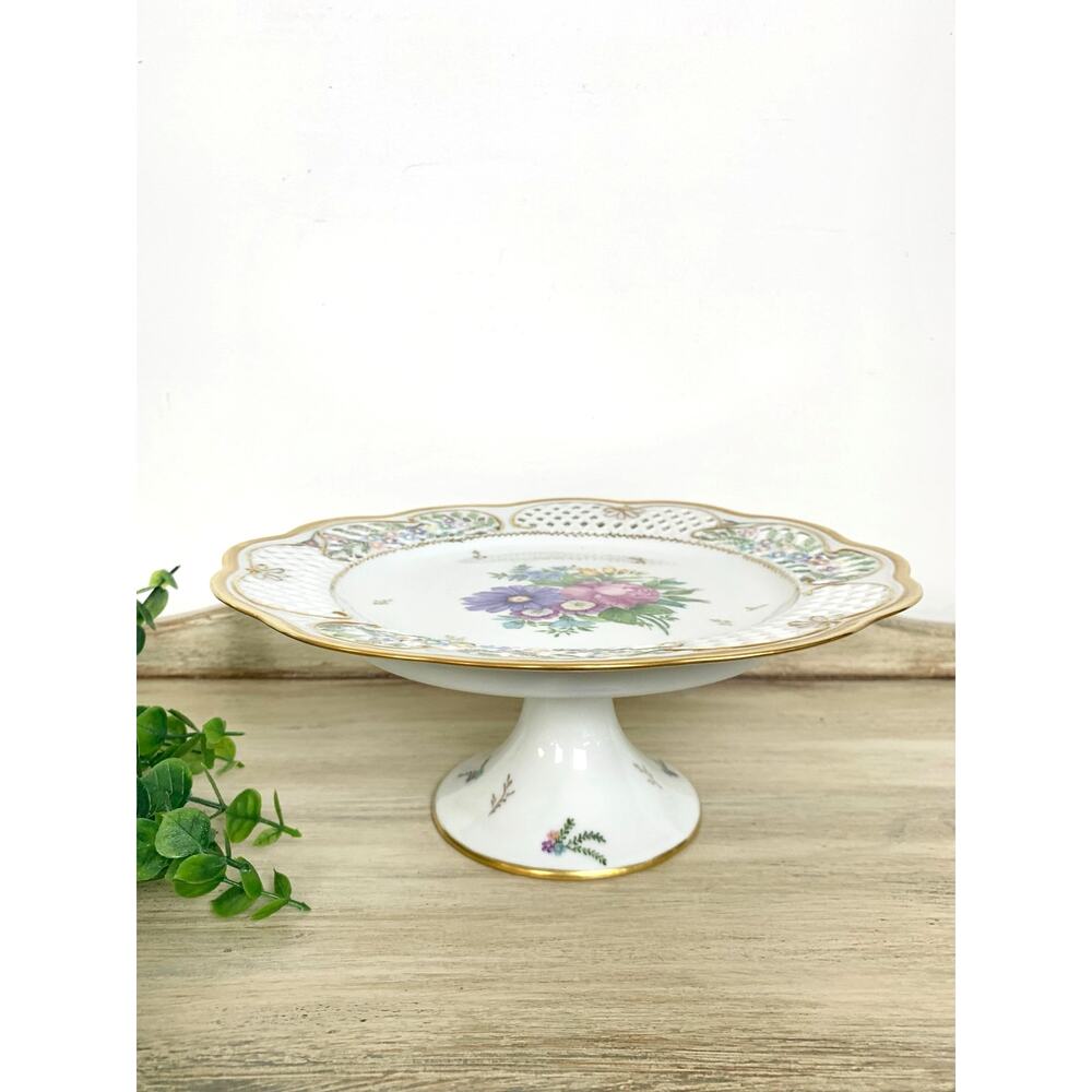 Vintage Pedestal Cake Stand Floral Hand Painted Porcelain Wedding Cottage Shabby